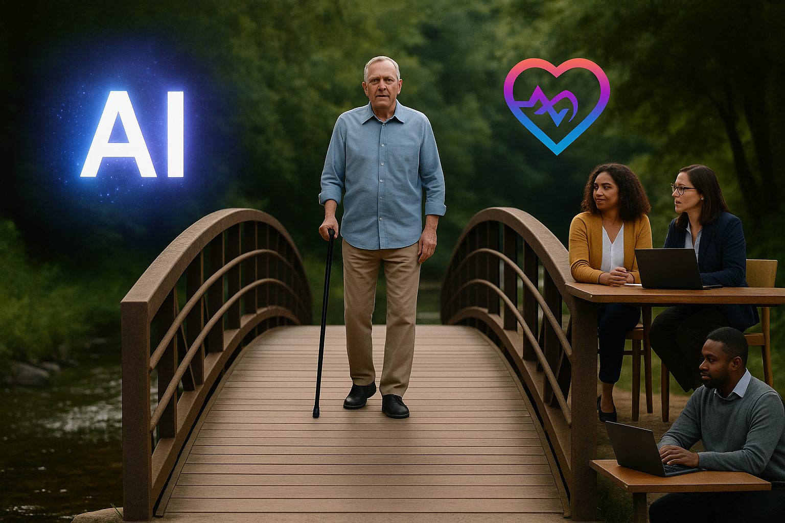 A person stands on a bridge connecting AI technology on one side with human healthcare helpers on the other, symbolizing Advocara's role in bridging AI efficiency with nonprofit expertise